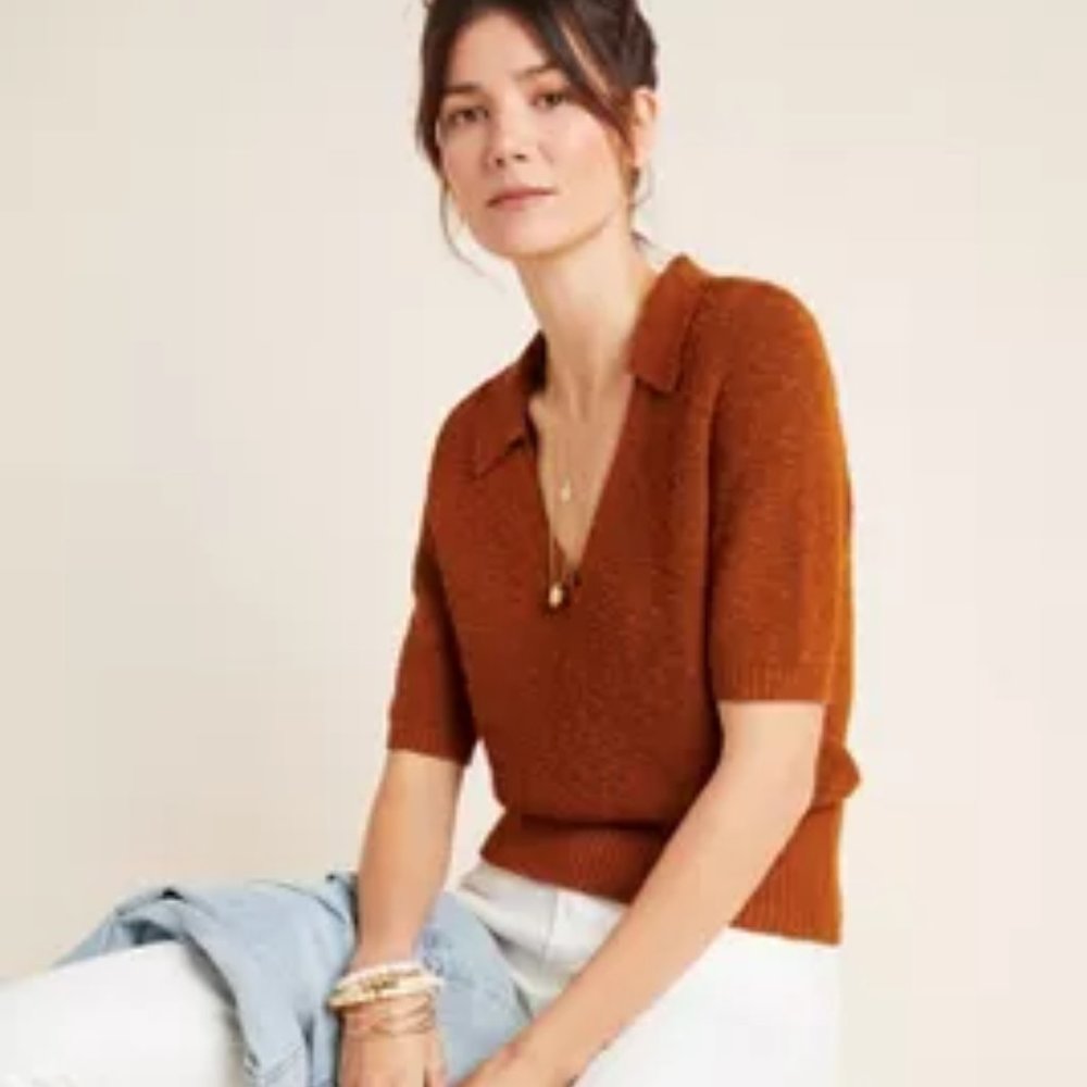 Anthropologie Rust Short-Sleeve Knit Polo Top